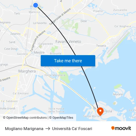 Mogliano Marignana to Ca' Foscari University map
