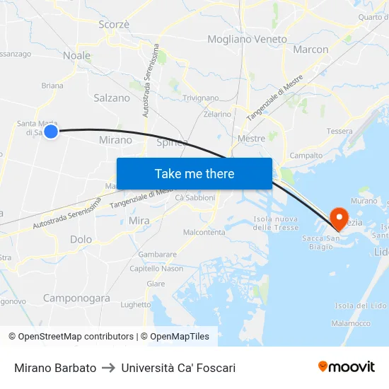 Mirano Barbato to Ca' Foscari University map