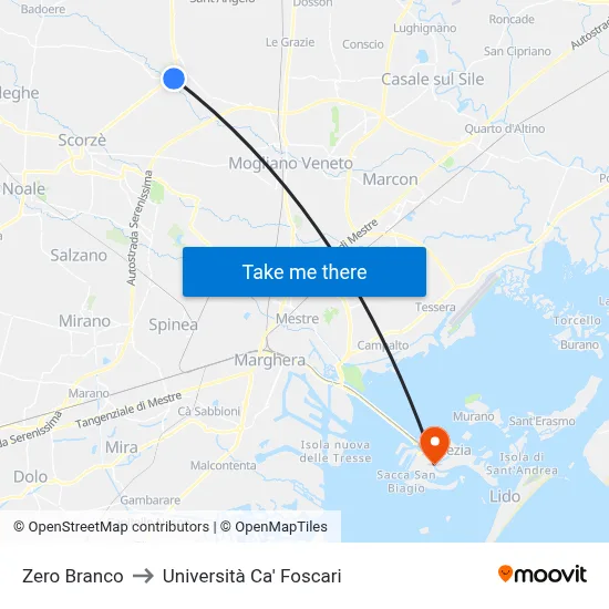 Zero Branco to Ca' Foscari University map
