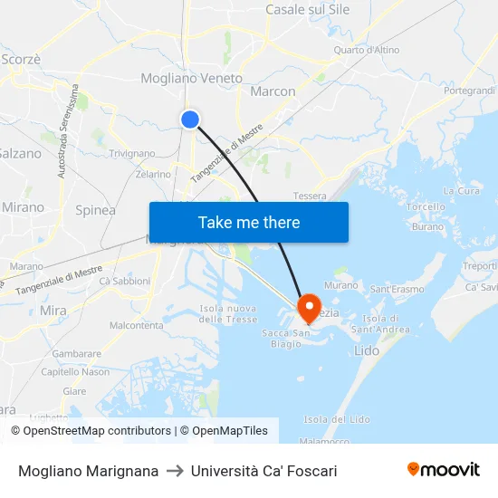 Mogliano Marignana to Ca' Foscari University map