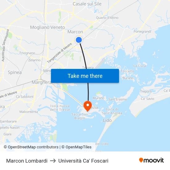 Marcon Lombardi to Università Ca' Foscari map