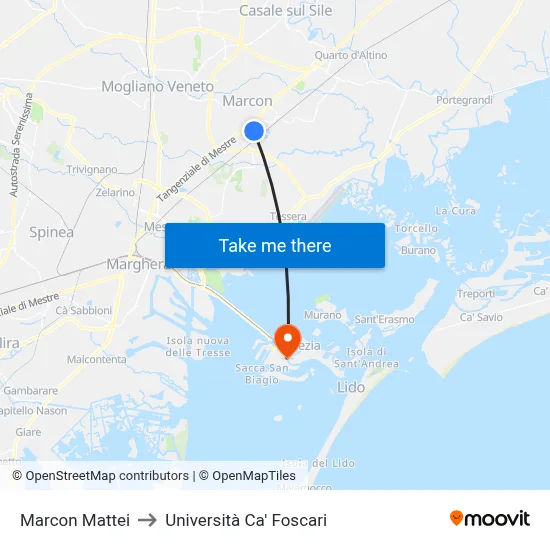 Marcon Mattei to Ca' Foscari University map
