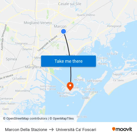 Marcon Station to Ca' Foscari University map
