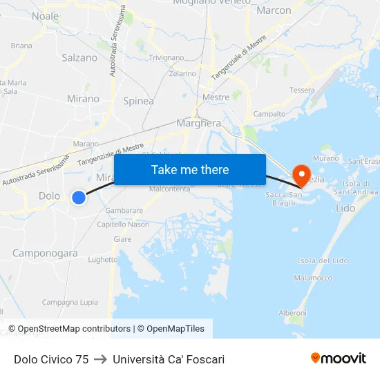 Dolo Civic 75 to Ca' Foscari University map