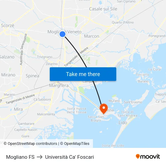 Mogliano FS to Università Ca' Foscari map