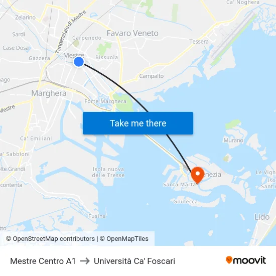 Mestre Center A1 to Ca' Foscari University map