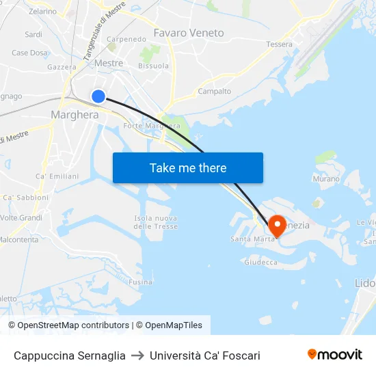 Cappuccina Sernaglia to Università Ca' Foscari map