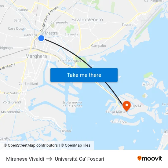 Miranese Vivaldi to Ca' Foscari University map
