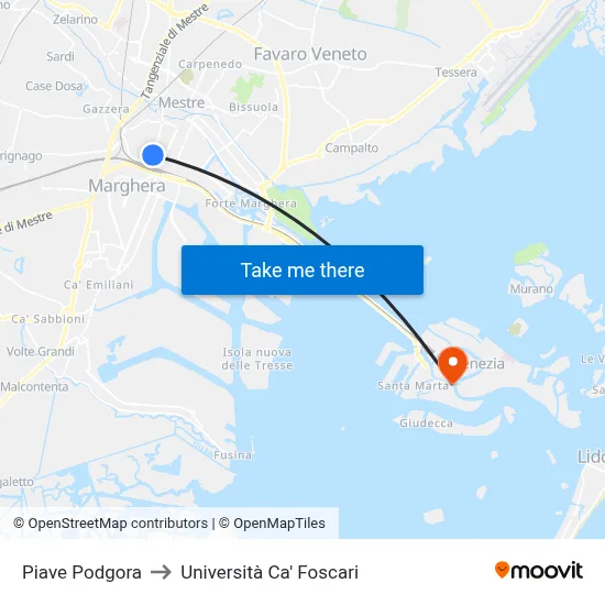 Piave Podgora to Università Ca' Foscari map