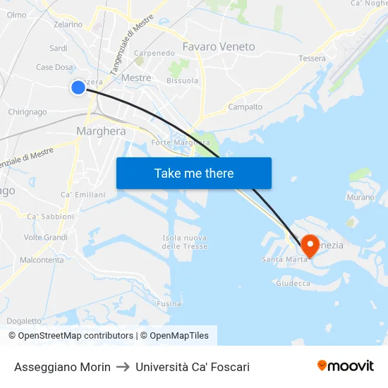 Asseggiano Morin to Università Ca' Foscari map