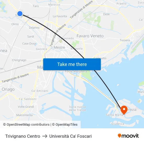 Trivignano Center to Ca' Foscari University map
