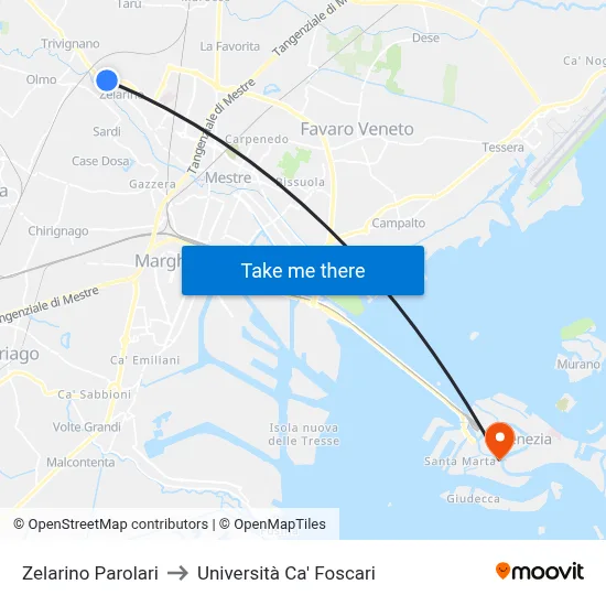 Zelarino Parolari to Ca' Foscari University map