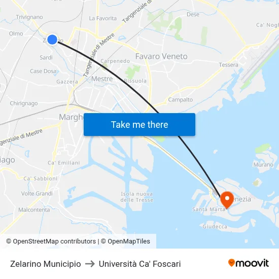 Zelarino City Hall to Ca' Foscari University map