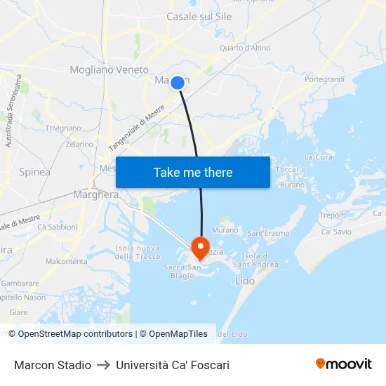 Marcon Stadium to Ca' Foscari University map