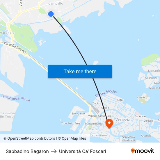 Sabbadino Bagaron to Università Ca' Foscari map