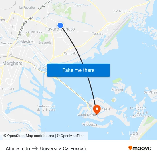 Altinia Indri to Ca' Foscari University map