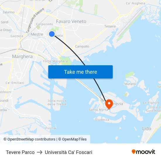 Tevere Park to Ca' Foscari University map