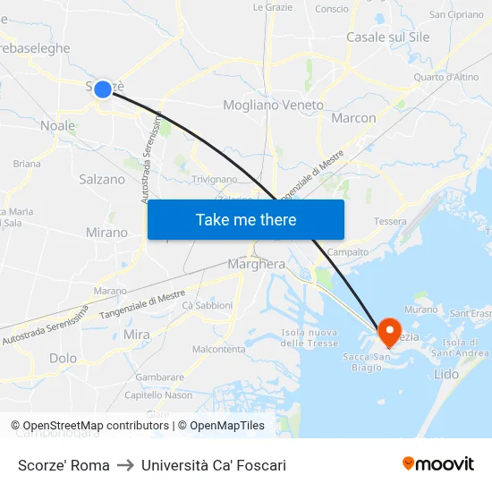 Scorze' Roma to Università Ca' Foscari map