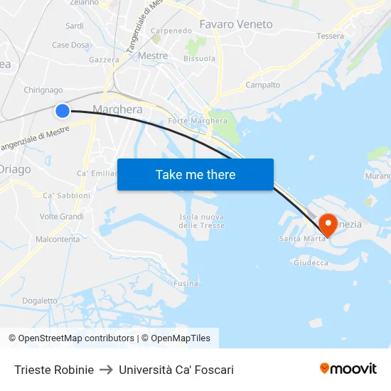 Trieste Robinie to Università Ca' Foscari map