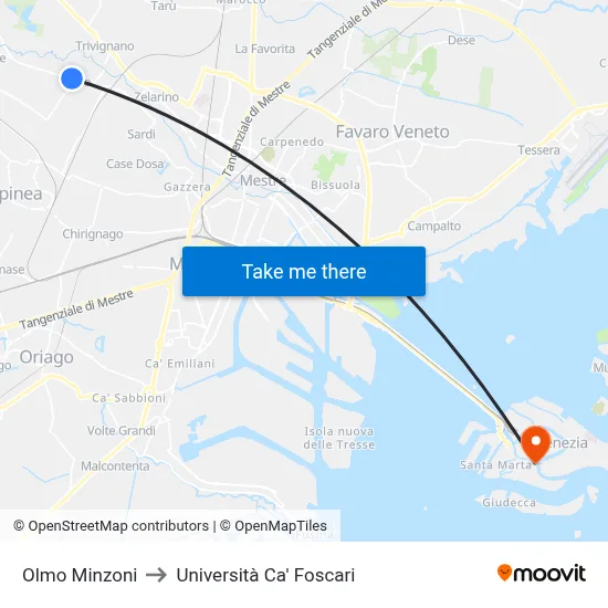 Olmo Minzoni to Ca' Foscari University map