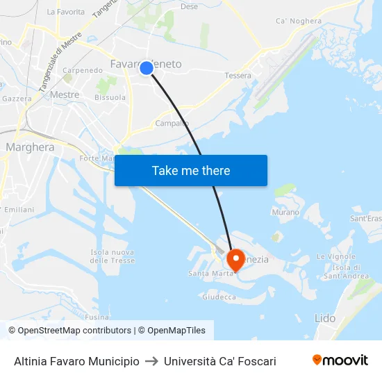 Altinia Favaro Municipio to Università Ca' Foscari map