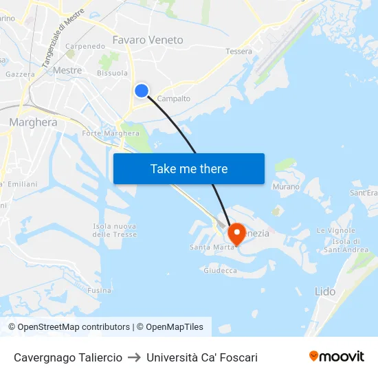 Cavergnago Taliercio to Università Ca' Foscari map