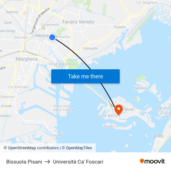 Bissuola Pisani to Università Ca' Foscari map