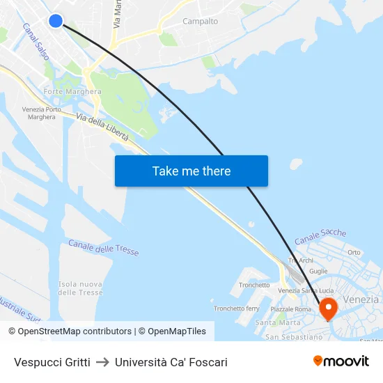 Vespucci Gritti to Ca' Foscari University map
