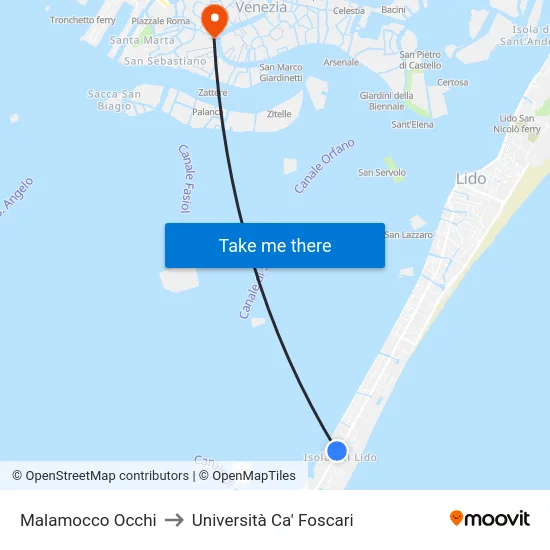 Malamocco Occhi to Università Ca' Foscari map