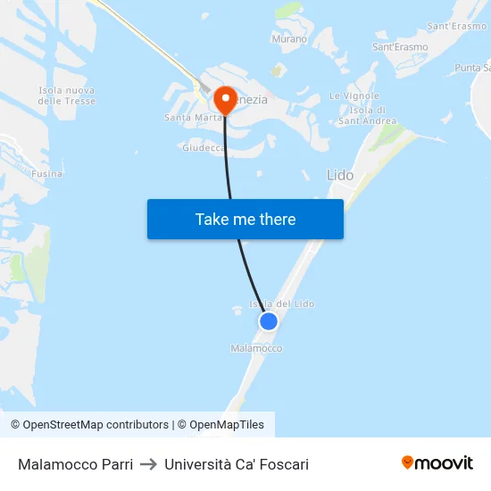 Malamocco Parri to Università Ca' Foscari map