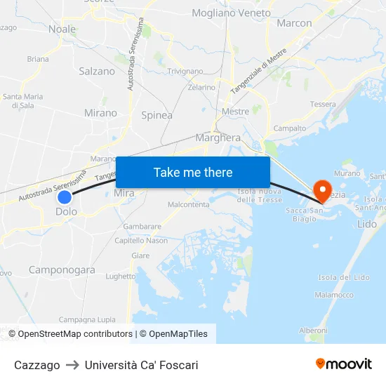 Cazzago to Ca' Foscari University map