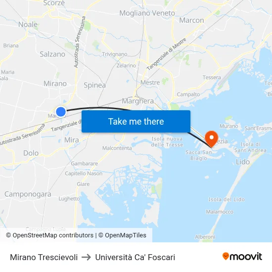 Mirano Trescievoli to Ca' Foscari University map