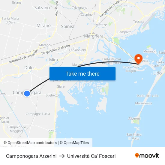 Camponogara Arzerini to Ca' Foscari University map