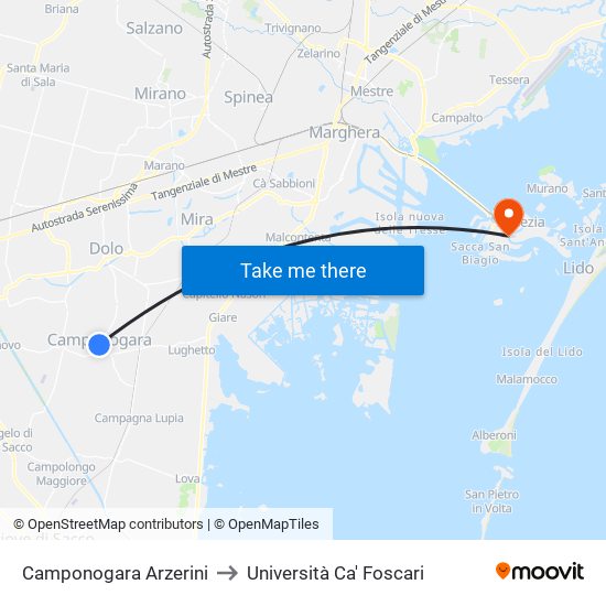 Camponogara Arzerini to Università Ca' Foscari map