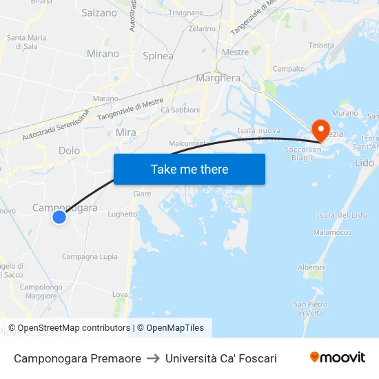 Camponogara Premaore to Ca' Foscari University map