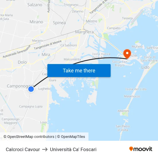 Calcroci Cavour to Ca' Foscari University map