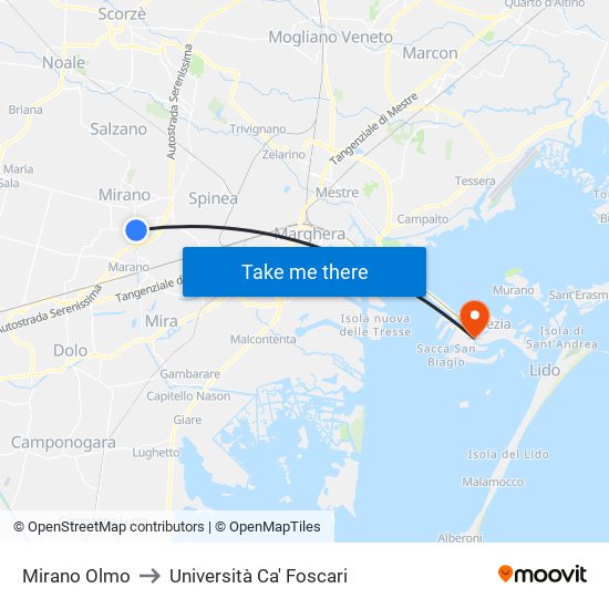 Mirano Olmo to Università Ca' Foscari map