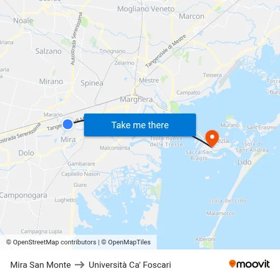 Mira San Monte to Ca' Foscari University map