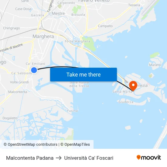 Malcontenta Padana to Ca' Foscari University map