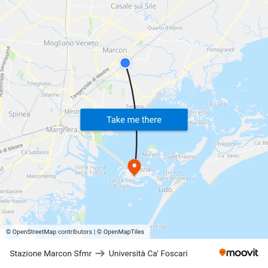 Marcon Railway Station to Ca' Foscari University map