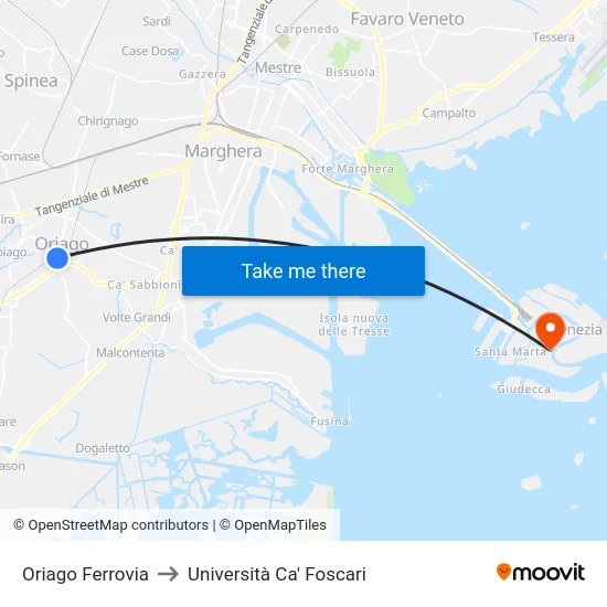 Oriago Ferrovia to Università Ca' Foscari map