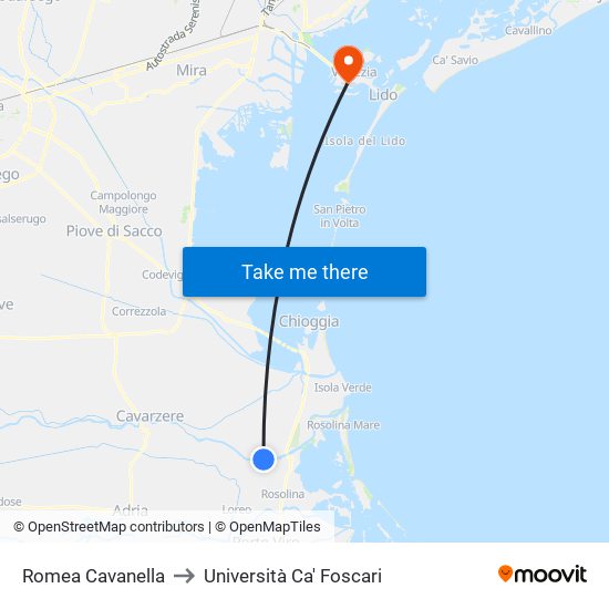 Romea Cavanella to Università Ca' Foscari map