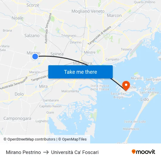 Mirano Pestrino to Università Ca' Foscari map