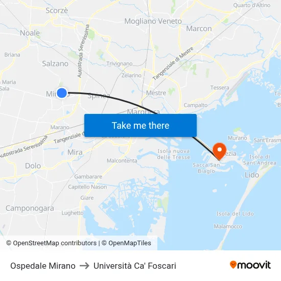 Mirano Hospital to Ca' Foscari University map