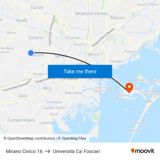 Mirano Number 16 to Ca' Foscari University map