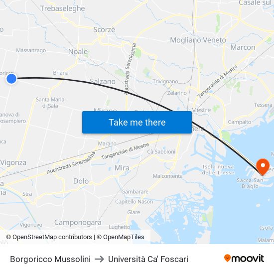 Borgoricco Mussolini to Università Ca' Foscari map