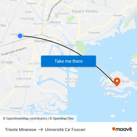 Trieste Miranese to Ca' Foscari University map