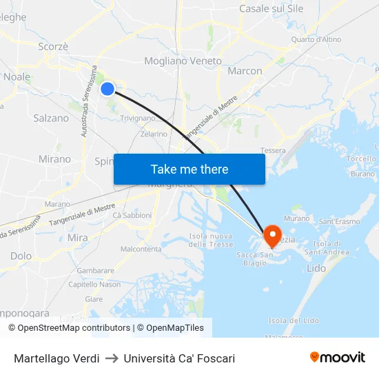 Martellago Verdi to Ca' Foscari University map