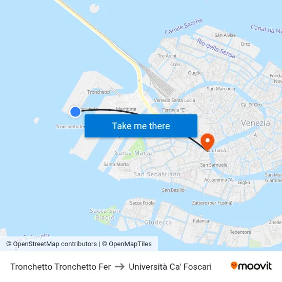 Tronchetto Ferry Terminal to Ca' Foscari University map