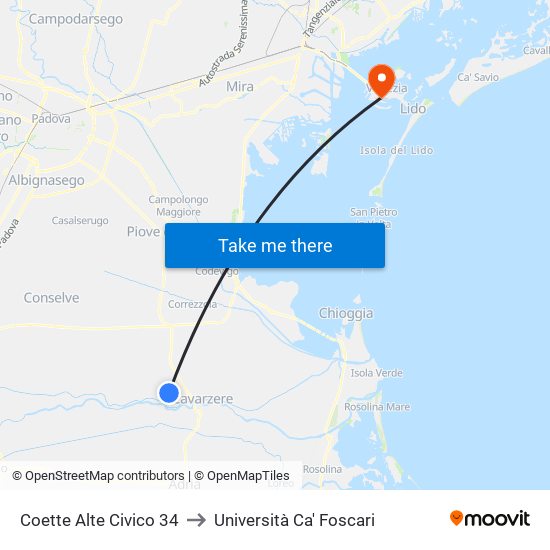 Coette Alte Civico 34 to Università Ca' Foscari map